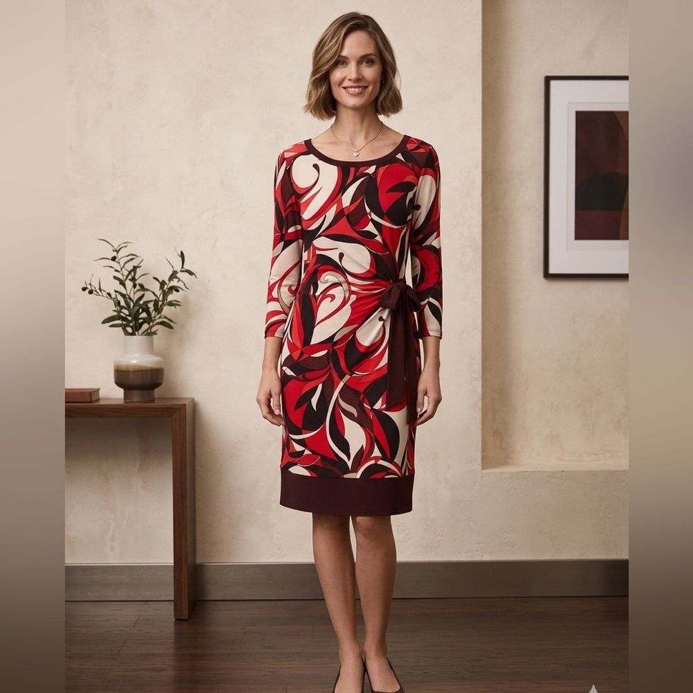 New York & Company Red and Cream Abstract Tie-Waist Midi Dress